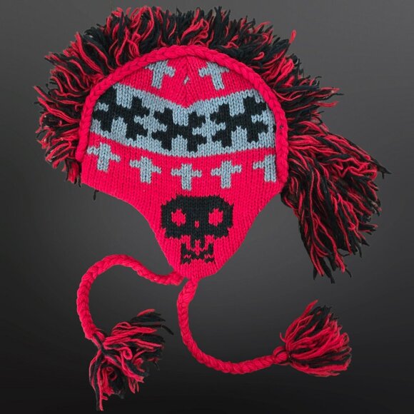 Wool Mohawk Ear Flap Hat Skulls Crosses Red Punk Grunge Adult Size Made In Nepal - Picture 1 of 6